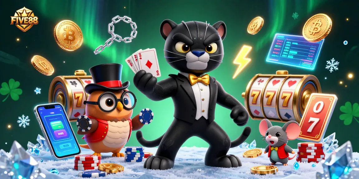 Enjoy FIVE88's thrilling card games with a panther dealer and lucky characters in a vibrant casino