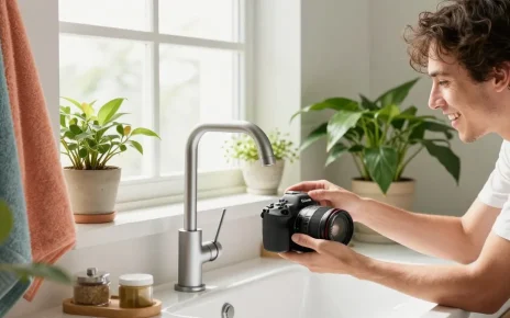 Moderne Sanitear kranen in een stijlvolle badkamer met een tevreden persoon.