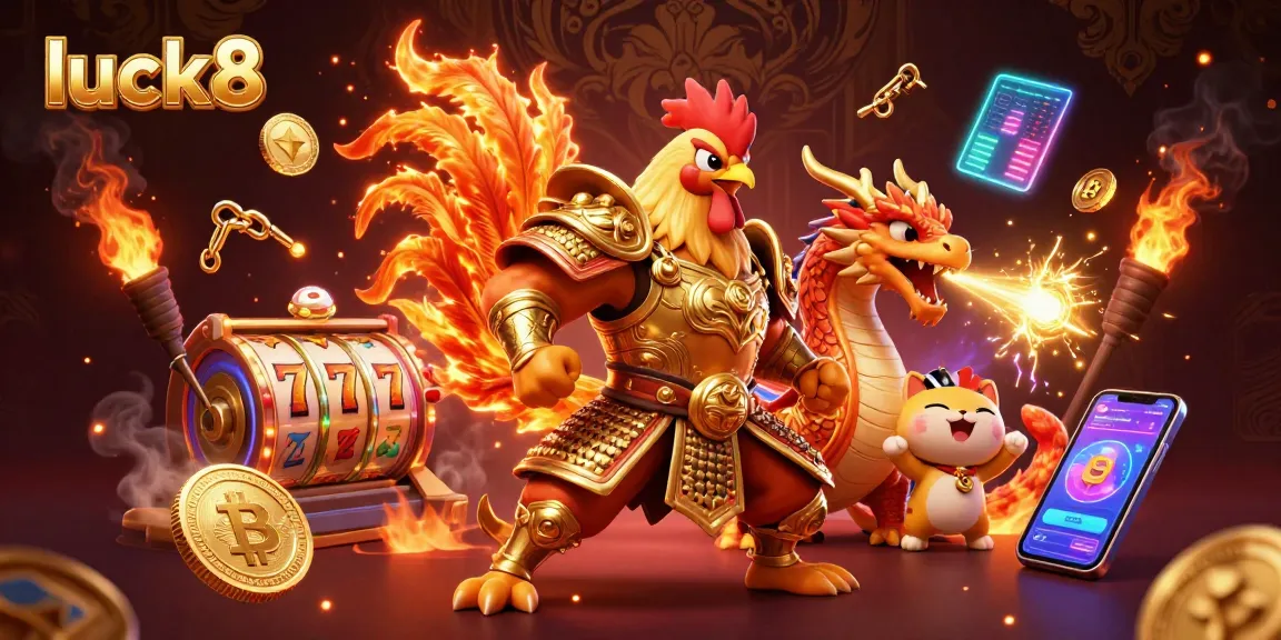 Experience luck8 with engaging casino characters in a dynamic 3D illustration packed with gaming elements.