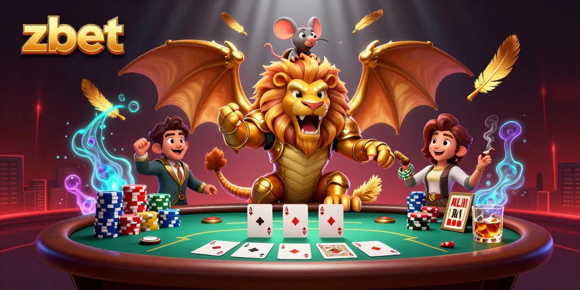 Experience thrilling poker action with zbet's dynamic casino scene featuring a roaring chimera and vibrant game elements.