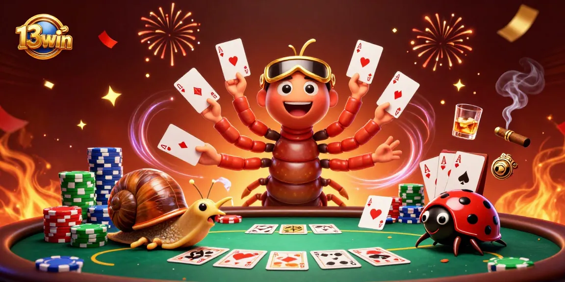 13win casino scene showcasing a dealer with playful cards and high-rolling characters amidst a vibrant atmosphere.