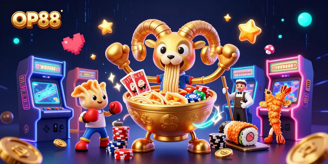Engage with OP88's vibrant gaming ecosystem featuring a dynamic casino-themed scene.