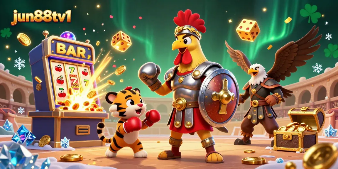Experience the thrill of winning at jun88tv1 casino with a vibrant 3D scene featuring a gladiator rooster and jackpots.